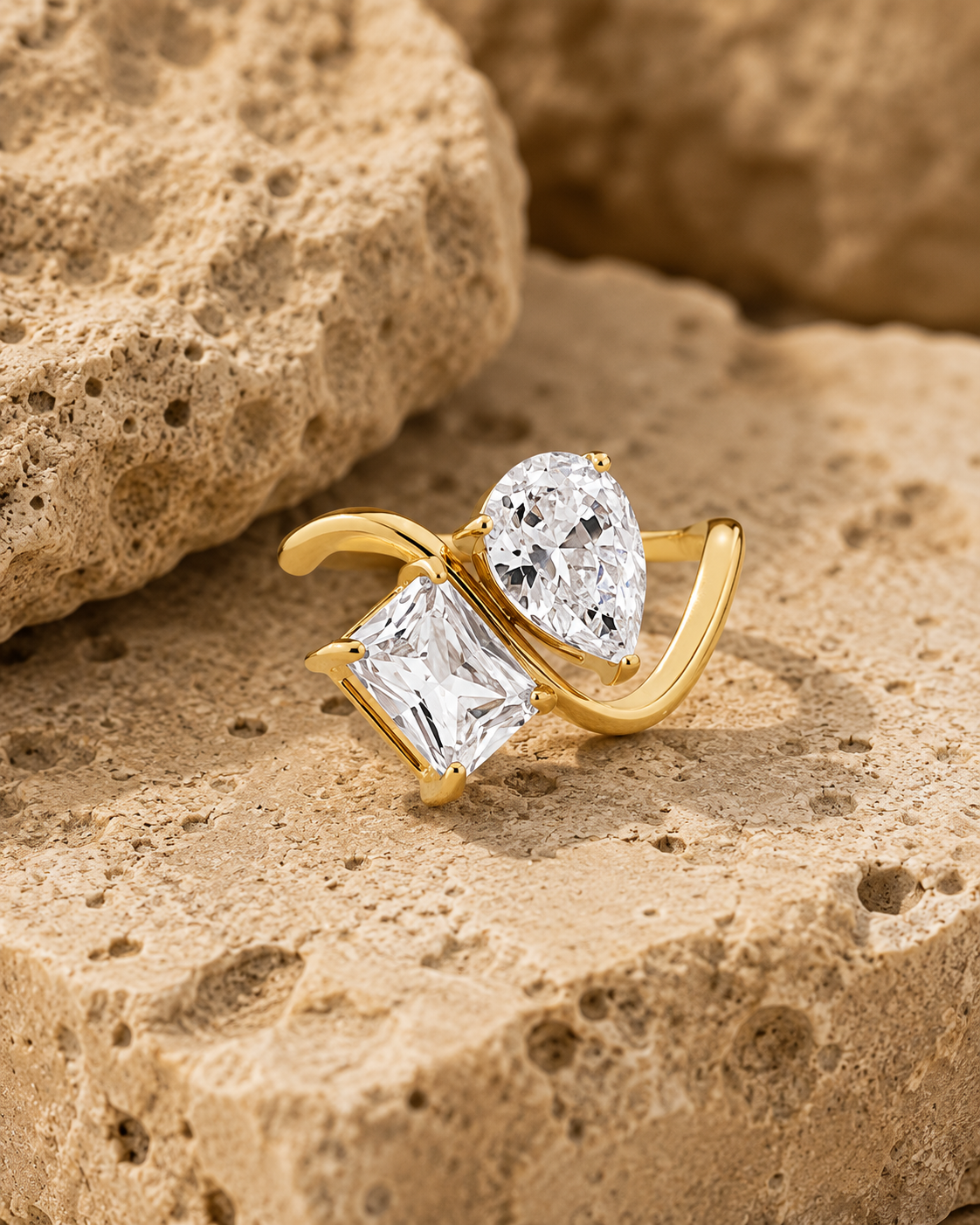Rosemere Vivienne crossover gold ring with two crystals on natural stone