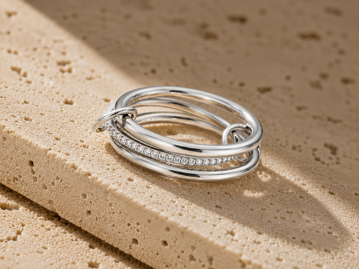 Rosemere Aeryn silver linked ring with pavé crystals on natural stone