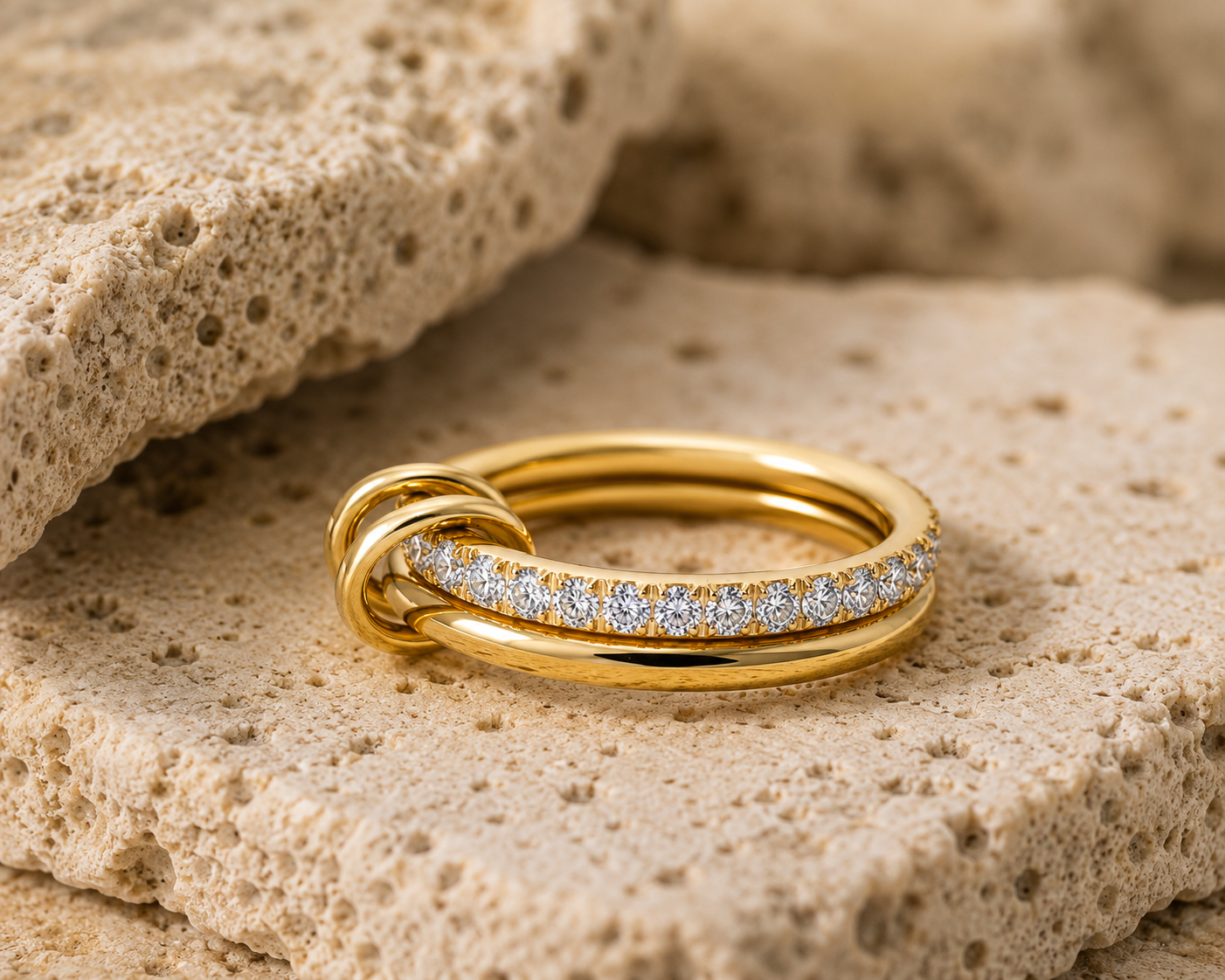 Rosemere Soraya twisted double gold ring with pavé crystals on natural stone