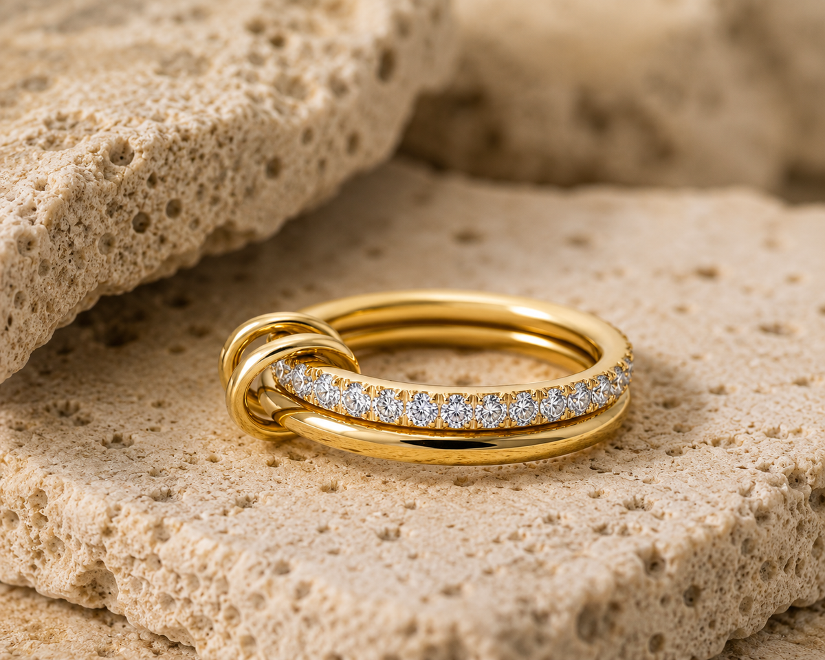 Rosemere Soraya twisted double gold ring with pavé crystals on natural stone