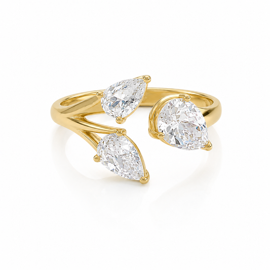 Rosemere Aurora Toi et Moi gold ring with pear-cut crystals, studio shot on white