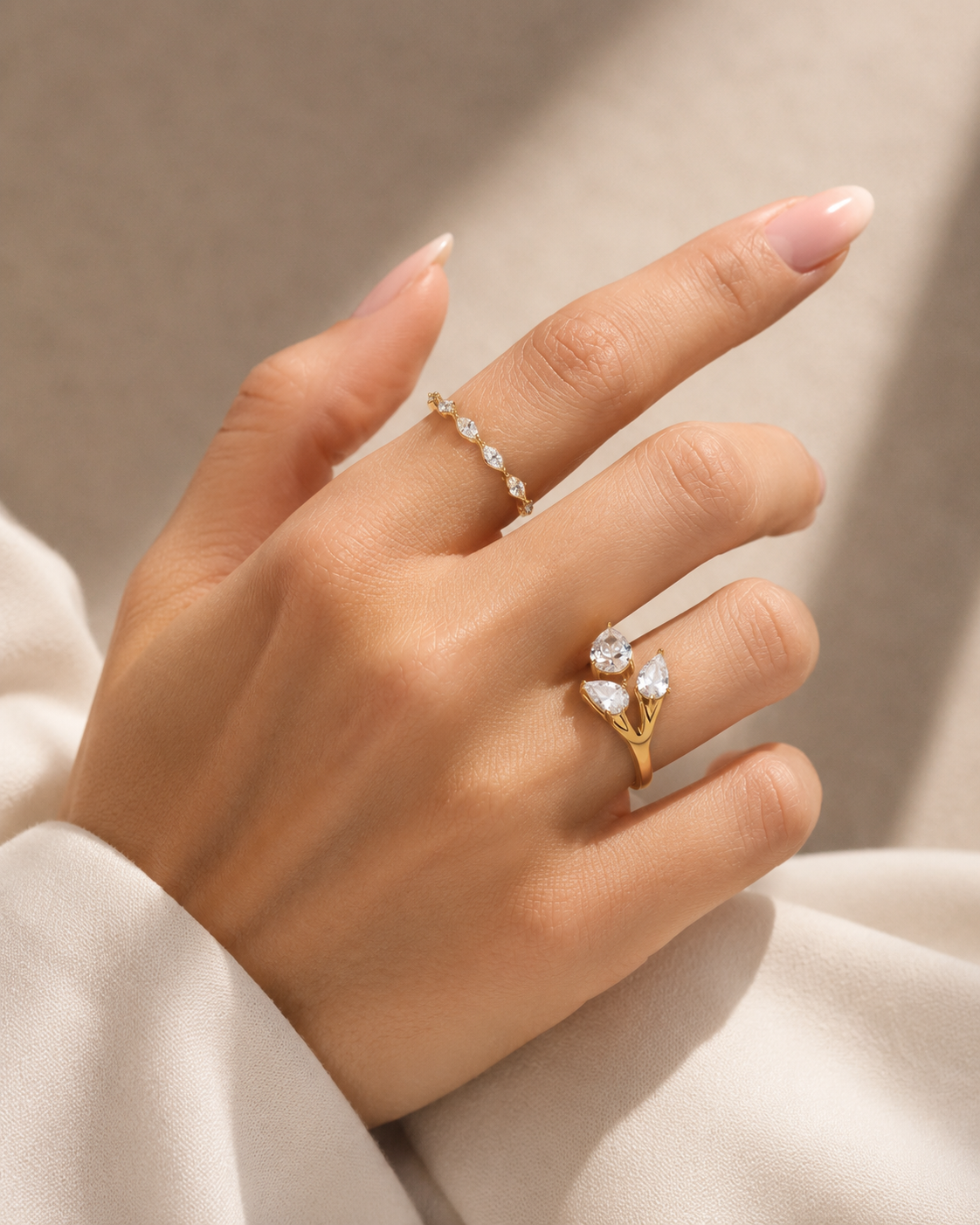 Woman wearing the Rosemere Aurora Toi et Moi gold ring, everyday styling