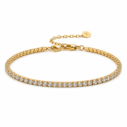 Rosemere Aureline gold tennis bracelet with pavé crystals, studio shot on white
