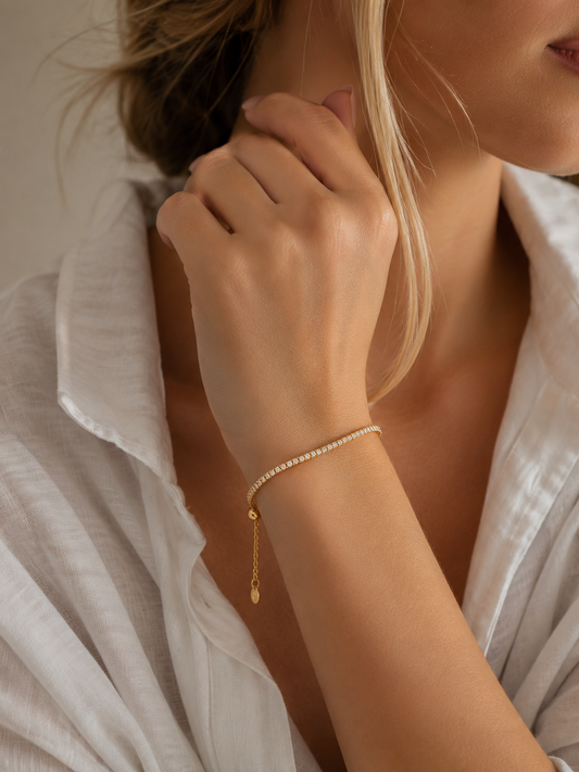 Close-up of The Aureline Tennis Bracelet showing the claw-set crystals and secure clasp — Rosemere