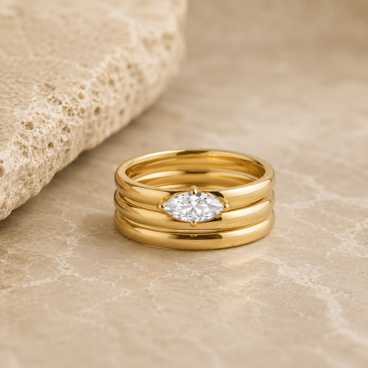 Rosemere Lucienne stacked gold ring with marquise crystal on natural stone