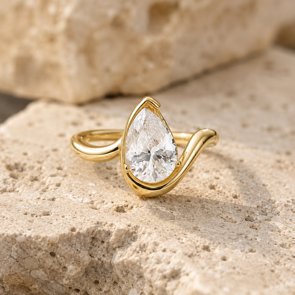 Rosemere Lyric pear-cut gold ring on natural stone in soft daylight