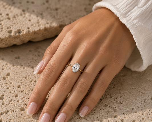 Woman wearing the Rosemere Noemie oval solitaire gold ring, everyday styling