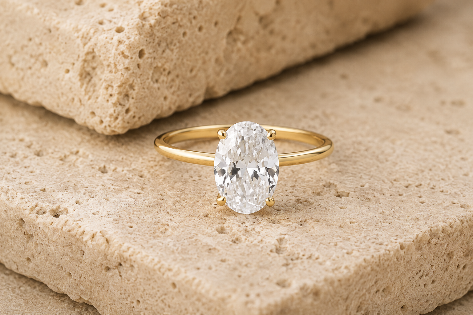 Rosemere Noemie oval solitaire gold ring on natural stone in soft daylight